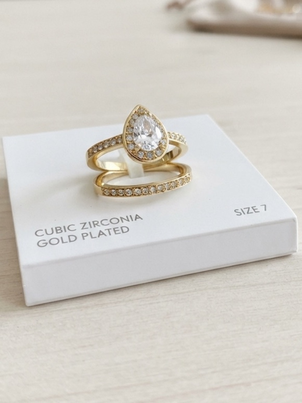 Gold-Plated Teardrop Cubic Zirconia Ring Set - Size 7